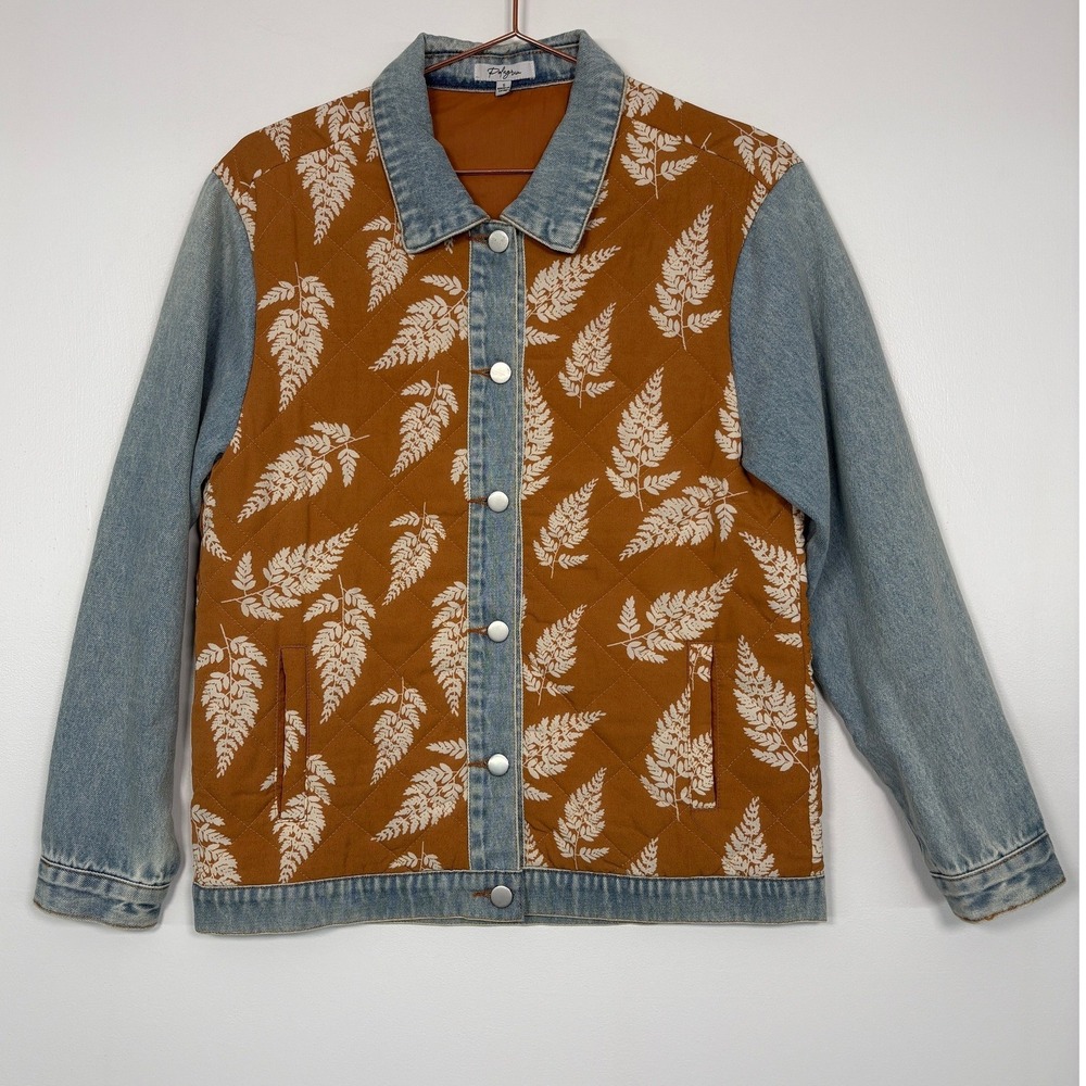 Polagram Women Jacket Small Orange Quilted Fern Print Denim Mixed‎ Media PSJ1098
